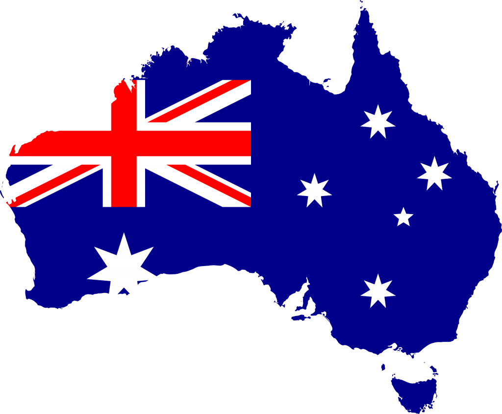 Image of the continent of Australia in the style of the Australian flag
